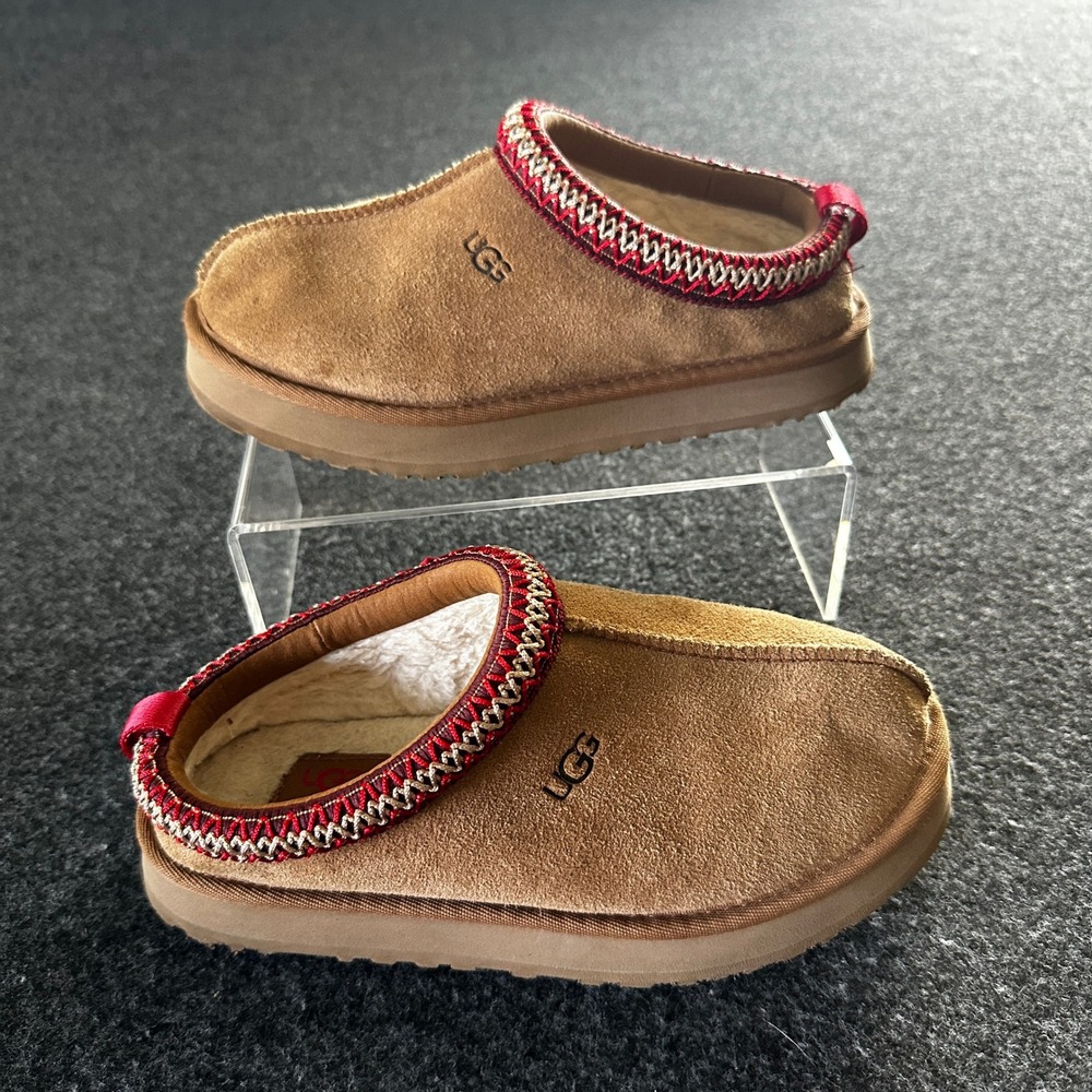 UGG Kids Tasman II Suede Slippers Chestnut Brown Red Braid 1143776K Size 3